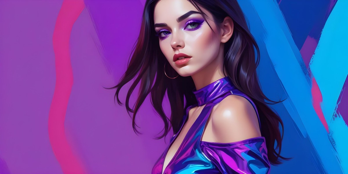 Digital Painting A Young Woman With Dark Hair And Bold Makeup Wearing A Shiny Colorful Outfit Against A Vibrant Purple And Blue Background Bold And Slim Lines Brush Strokes 62 E18a