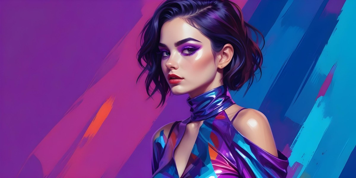 Digital Painting A Young Woman With Dark Hair And Bold Makeup Wearing A Shiny Colorful Outfit Against A Vibrant Purple And Blue Background Bold And Slim Lines Brush Strokes 65 2d9a