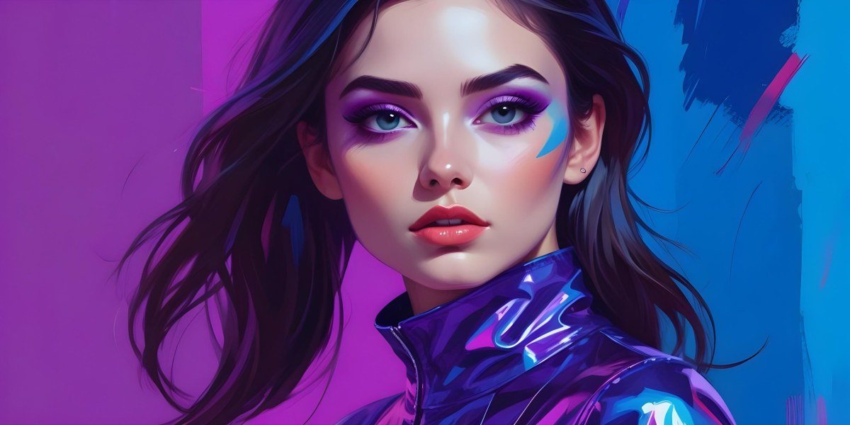 Digital Painting A Young Woman With Dark Hair And Bold Makeup Wearing A Shiny Colorful Outfit Against A Vibrant Purple And Blue Background Bold And Slim Lines Brush Strokes 66 5346