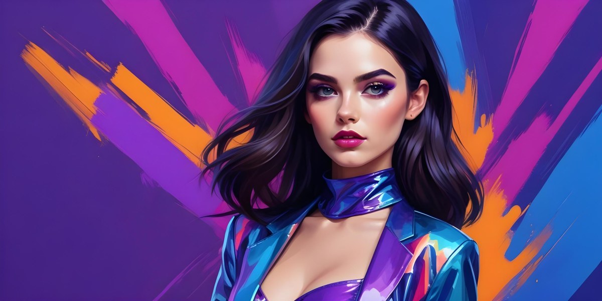 Digital Painting A Young Woman With Dark Hair And Bold Makeup Wearing A Shiny Colorful Outfit Against A Vibrant Purple And Blue Background Bold And Slim Lines Brush Strokes 67 263b