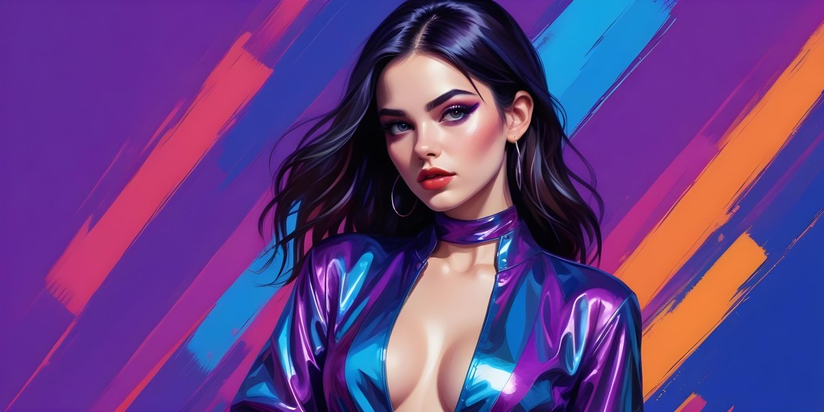 Digital Painting A Young Woman With Dark Hair And Bold Makeup Wearing A Shiny Colorful Outfit Against A Vibrant Purple And Blue Background Bold And Slim Lines Brush Strokes 68 1a4c
