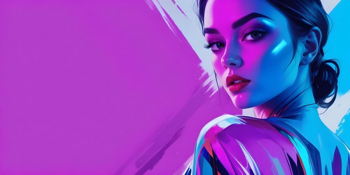 Digital Painting A Young Woman With Dark Hair And Bold Makeup Wearing A Shiny Colorful Outfit Against A Vibrant Purple And Blue Background Bold And Slim Lines Brush Strokes 69 1b5f