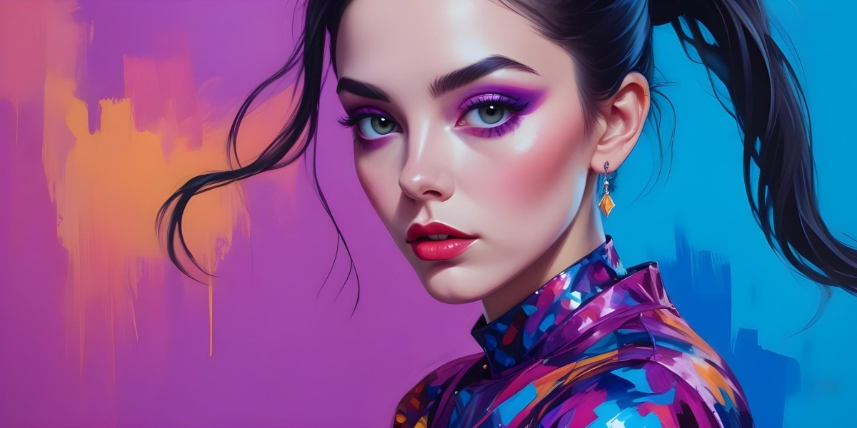 Digital Painting A Young Woman With Dark Hair And Bold Makeup Wearing A Shiny Colorful Outfit Against A Vibrant Purple And Blue Background Bold And Slim Lines Brush Strokes 7 83e1