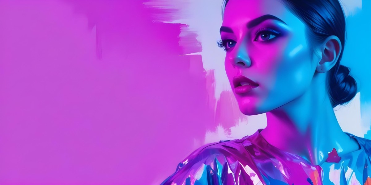 Digital Painting A Young Woman With Dark Hair And Bold Makeup Wearing A Shiny Colorful Outfit Against A Vibrant Purple And Blue Background Bold And Slim Lines Brush Strokes 8 A98f