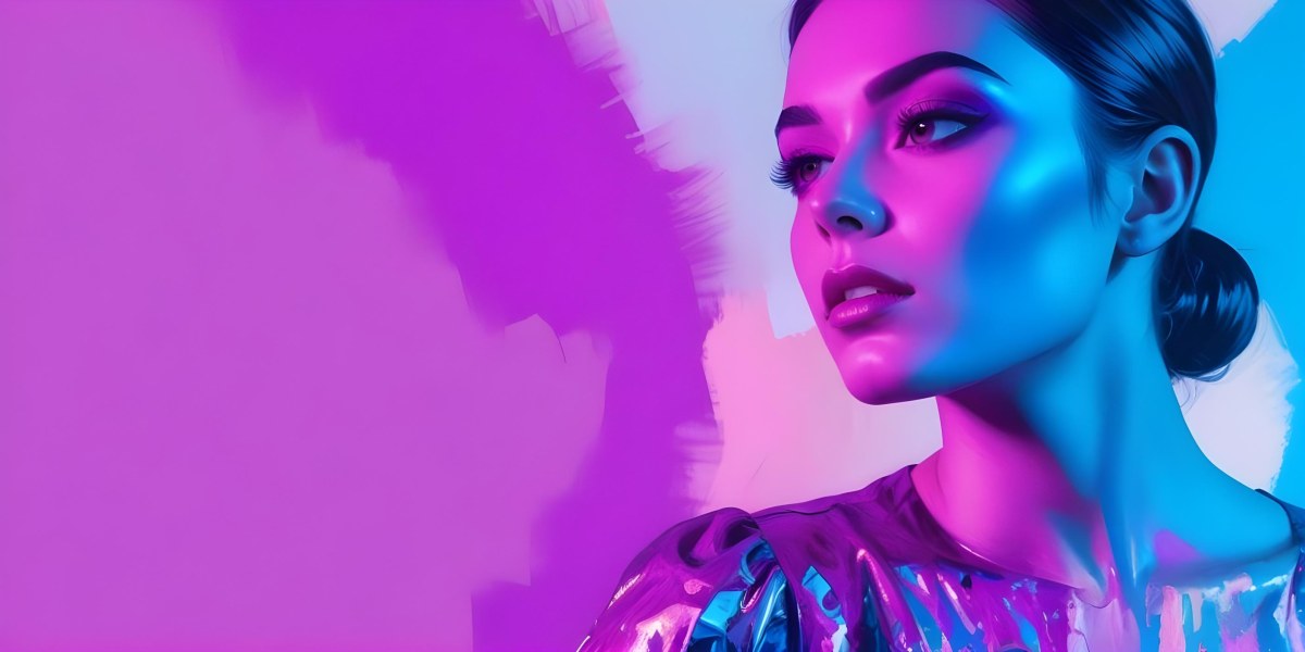 Digital Painting A Young Woman With Dark Hair And Bold Makeup Wearing A Shiny Colorful Outfit Against A Vibrant Purple And Blue Background Bold And Slim Lines Brush Strokes 9 C5bd