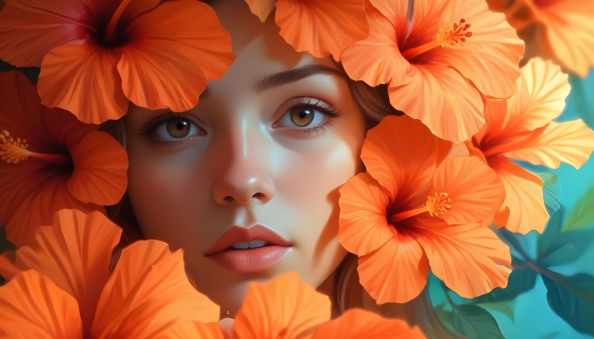 Digital Painting A Young Woman With Fair Skin And Long Light Brown Hair Partially Obscured By Vibrant Orange Hibiscus Flowers She Has Striking Brown Eyes And A Soft Expression With Her Lips Slightly Parted The Backg 95 05c4