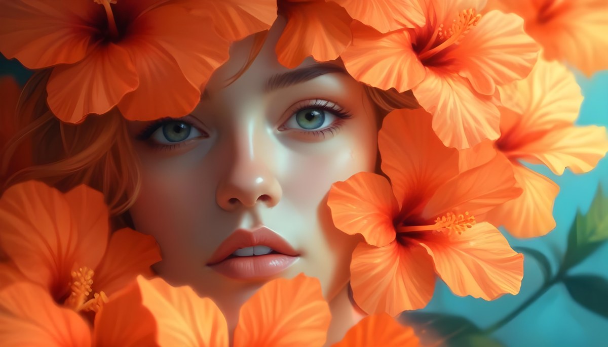 Digital Painting A Young Woman With Fair Skin And Long Light Brown Hair Partially Obscured By Vibrant Orange Hibiscus Flowers She Has Striking Brown Eyes And A Soft Expression With Her Lips Slightly Parted The Backg 96 Fadd