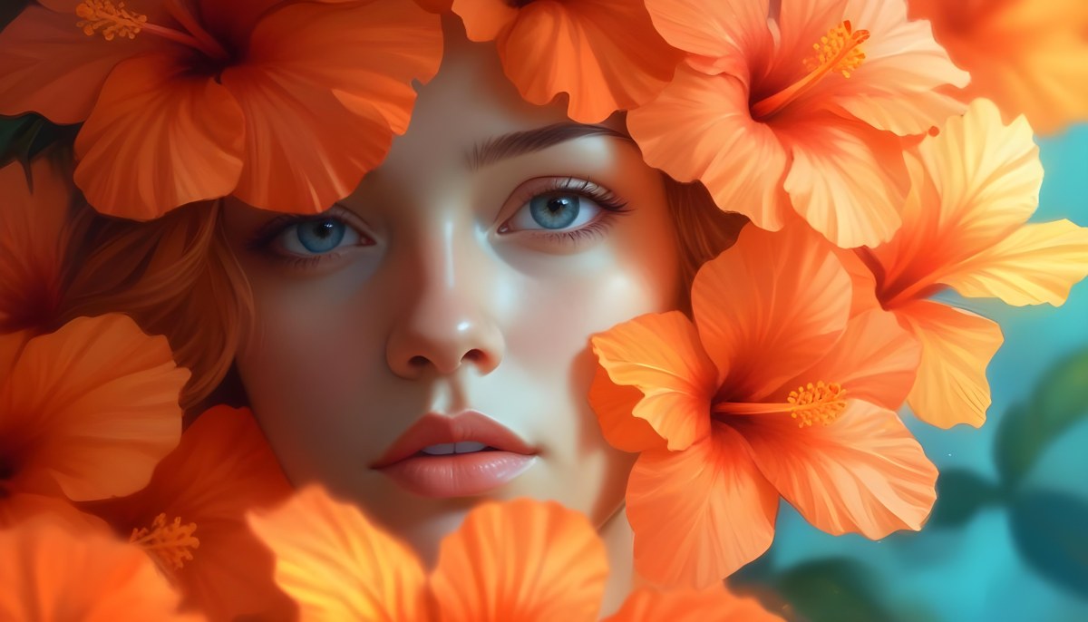 Digital Painting A Young Woman With Fair Skin And Long Light Brown Hair Partially Obscured By Vibrant Orange Hibiscus Flowers She Has Striking Brown Eyes And A Soft Expression With Her Lips Slightly Parted The Backg 97 9297