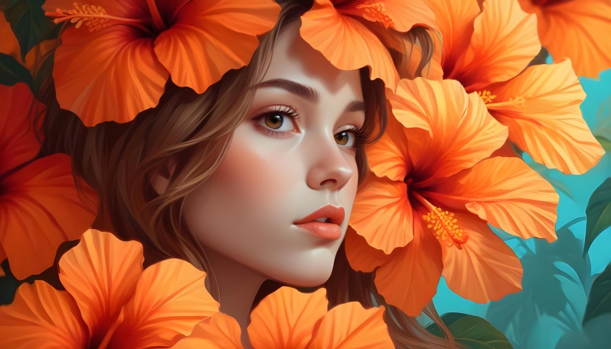 Digital Painting A Young Woman With Fair Skin And Long Light Brown Hair Partially Obscured By Vibrant Orange Hibiscus Flowers She Has Striking Brown Eyes And A Soft Expression With Her Lips Slightly Parted The Backg 99 F4c1