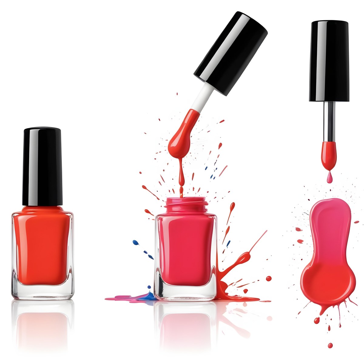 Digital Painting Redbluegreenyelloworangepink Nail Polish Bottle With White Cap Brush With A Drop Of Nail Polish And A Puddle Of Nail Polish On A Black Background Bold And Slim Lines Brush Strokes 16 8c48