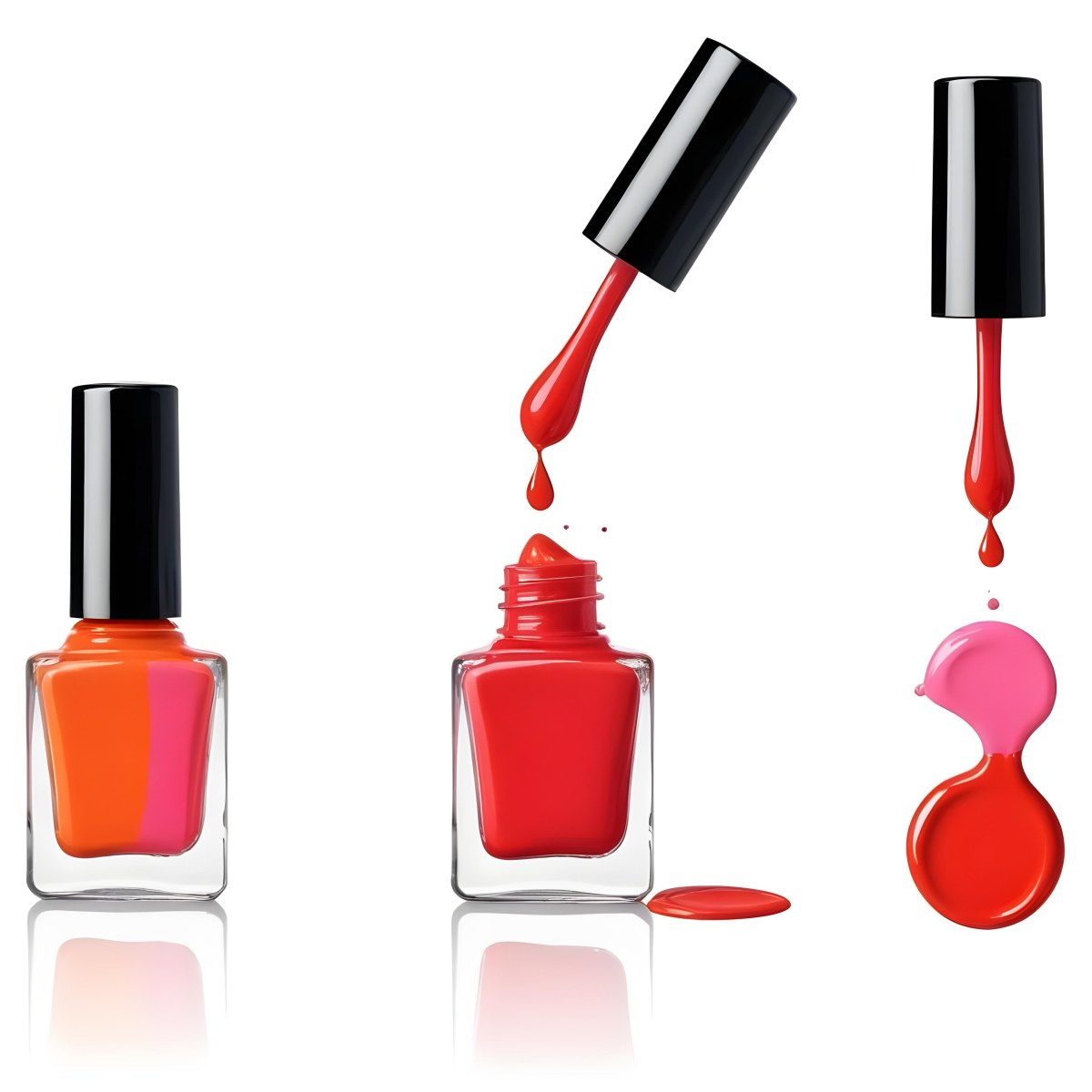 Digital Painting Redbluegreenyelloworangepink Nail Polish Bottle With White Cap Brush With A Drop Of Nail Polish And A Puddle Of Nail Polish On A Black Background Bold And Slim Lines Brush Strokes 19 2de3