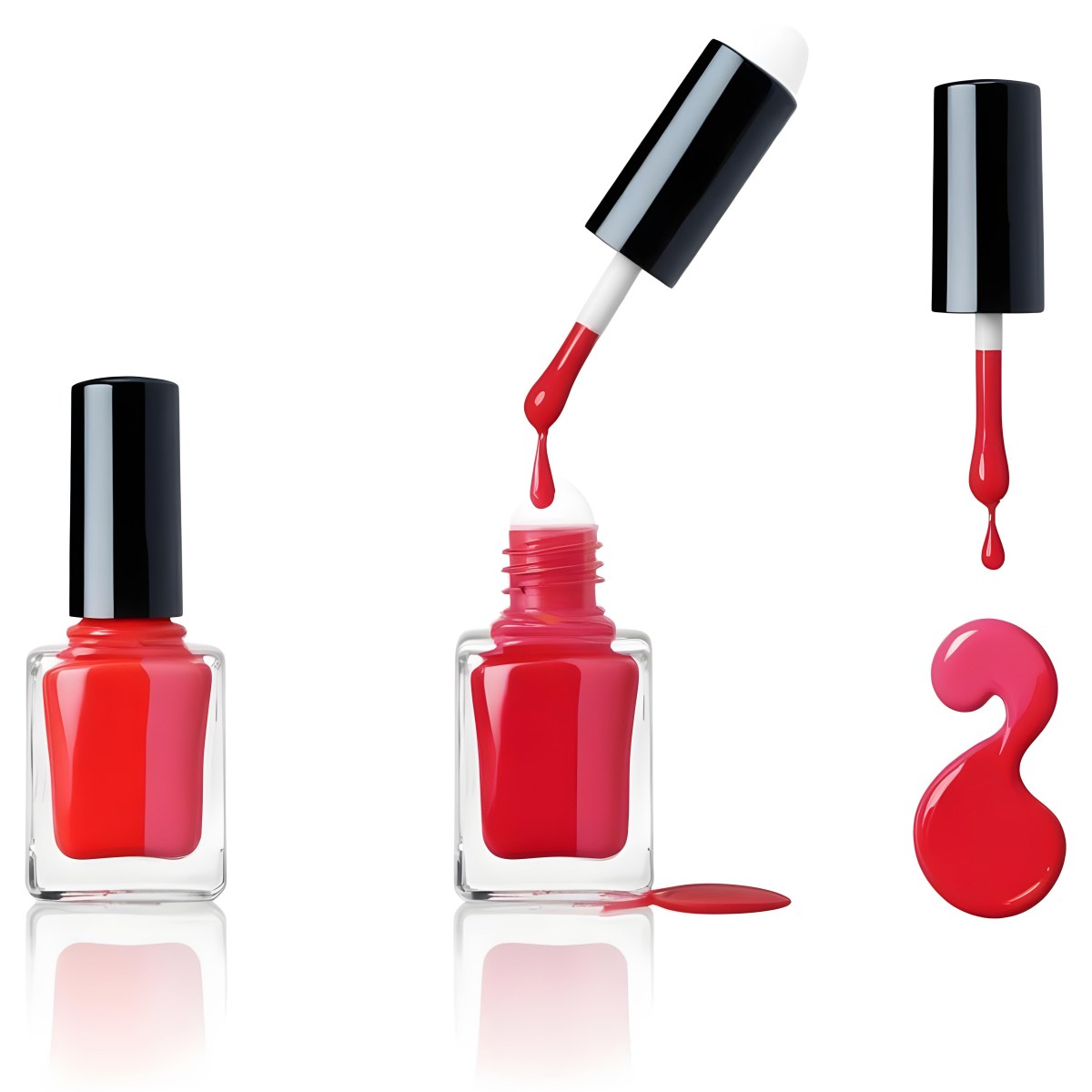 Digital Painting Redbluegreenyelloworangepink Nail Polish Bottle With White Cap Brush With A Drop Of Nail Polish And A Puddle Of Nail Polish On A Black Background Bold And Slim Lines Brush Strokes 21 C883