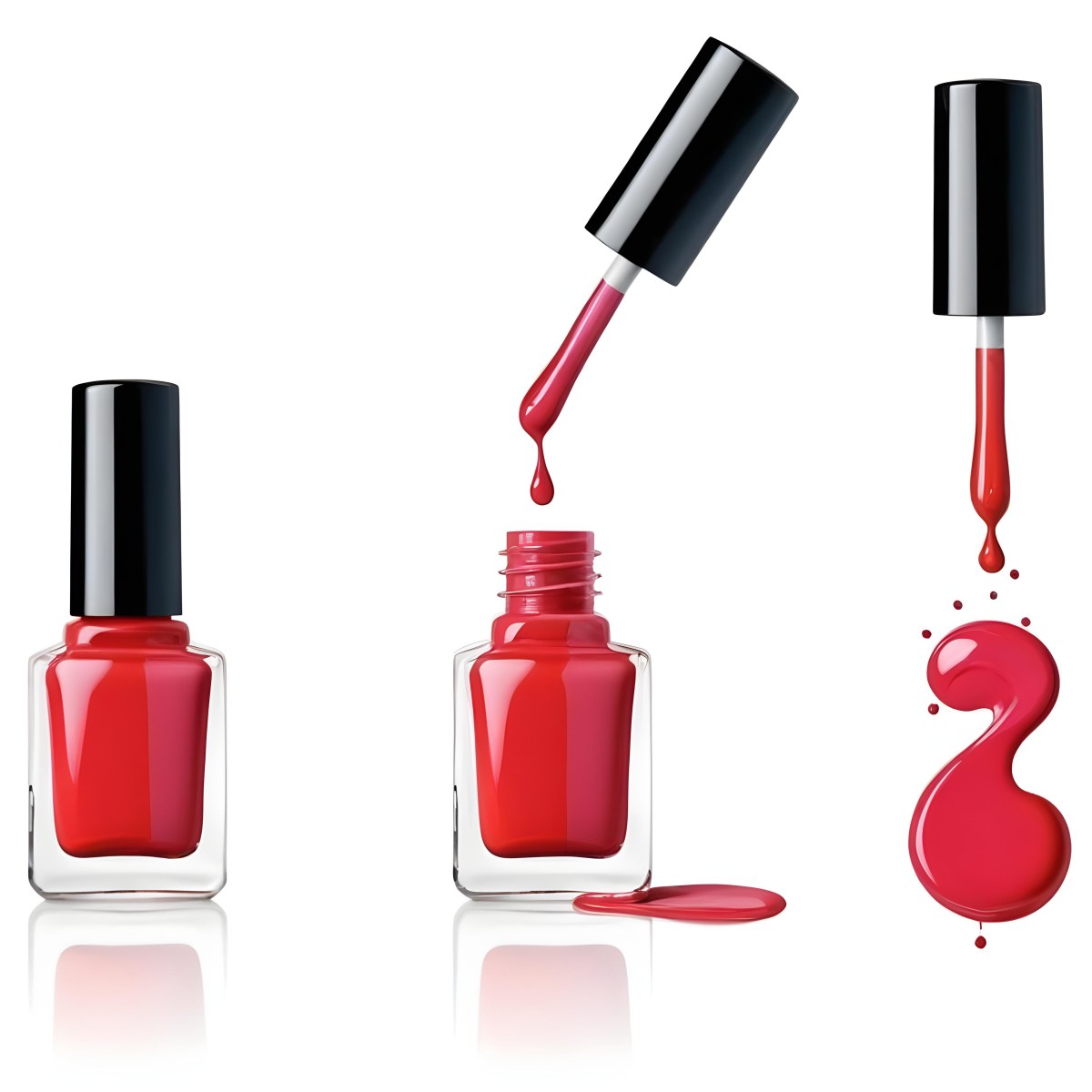 Digital Painting Redbluegreenyelloworangepink Nail Polish Bottle With White Cap Brush With A Drop Of Nail Polish And A Puddle Of Nail Polish On A Black Background Bold And Slim Lines Brush Strokes 25 354e