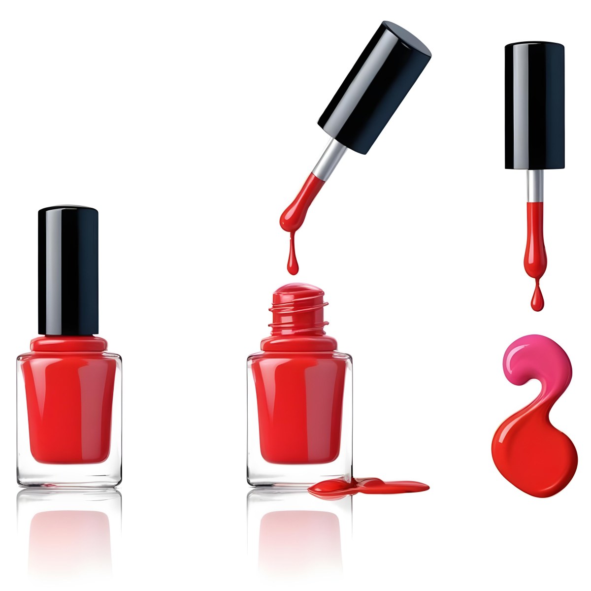Digital Painting Redbluegreenyelloworangepink Nail Polish Bottle With White Cap Brush With A Drop Of Nail Polish And A Puddle Of Nail Polish On A Black Background Bold And Slim Lines Brush Strokes 26 Cbef