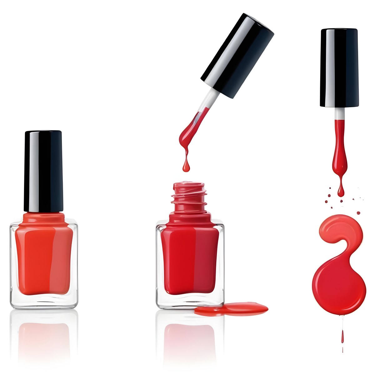 Digital Painting Redbluegreenyelloworangepink Nail Polish Bottle With White Cap Brush With A Drop Of Nail Polish And A Puddle Of Nail Polish On A Black Background Bold And Slim Lines Brush Strokes 29 5fca