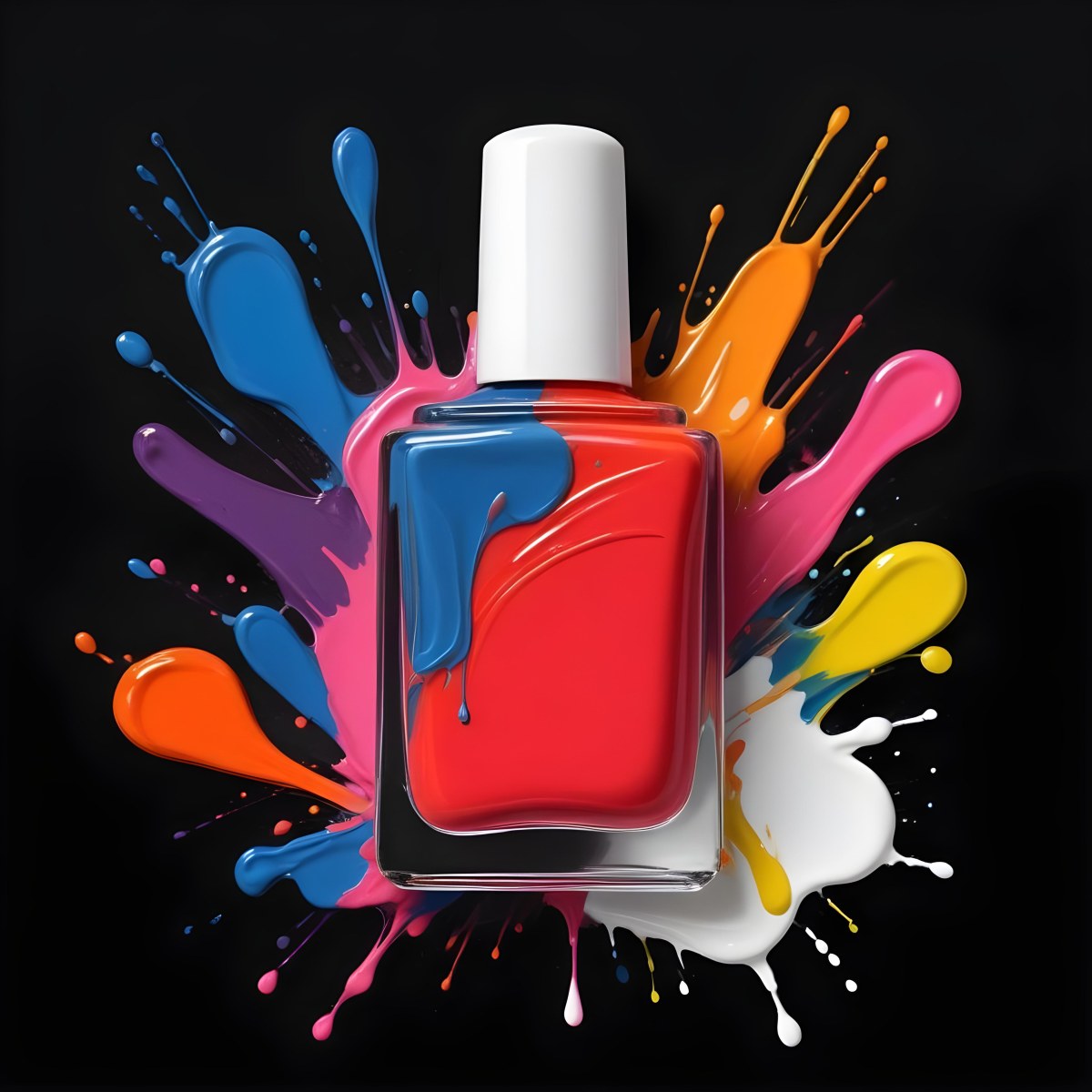 Digital Painting Redbluegreenyelloworangepink Nail Polish Bottle With White Cap Brush With A Drop Of Nail Polish And A Puddle Of Nail Polish On A Black Background Bold And Slim Lines Brush Strokes 3 62c3