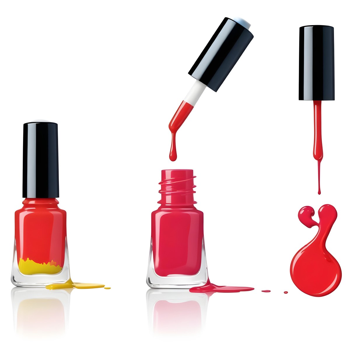 Digital Painting Redbluegreenyelloworangepink Nail Polish Bottle With White Cap Brush With A Drop Of Nail Polish And A Puddle Of Nail Polish On A Black Background Bold And Slim Lines Brush Strokes 32 9322