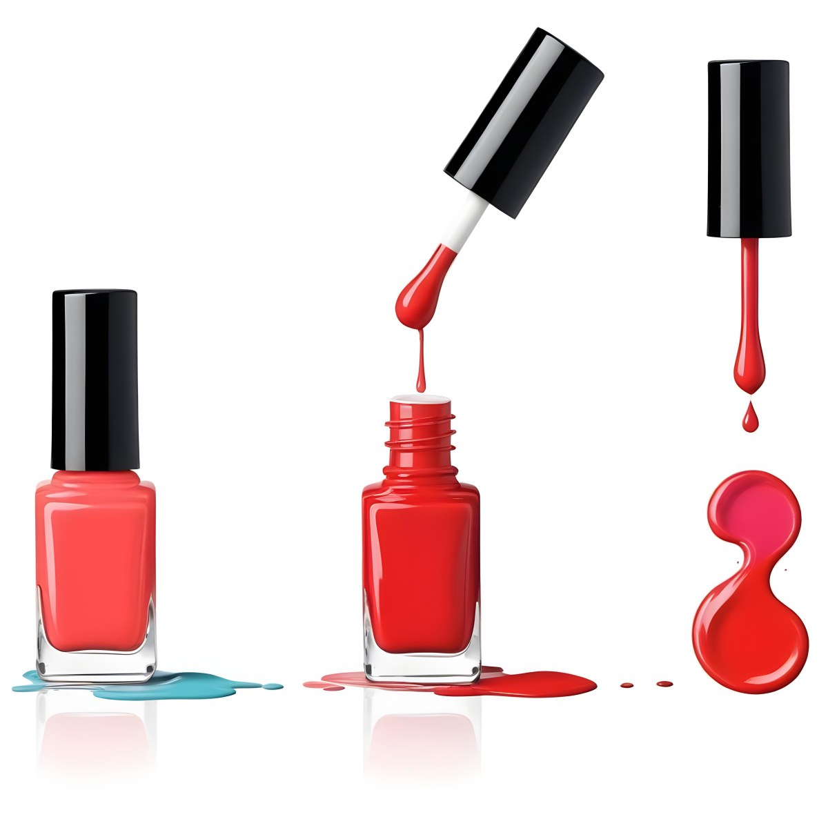 Digital Painting Redbluegreenyelloworangepink Nail Polish Bottle With White Cap Brush With A Drop Of Nail Polish And A Puddle Of Nail Polish On A Black Background Bold And Slim Lines Brush Strokes 33 1827