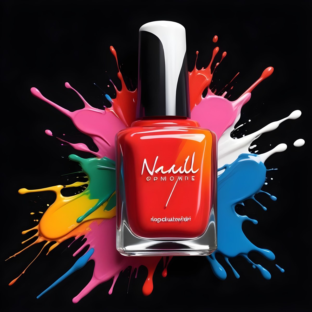 Digital Painting Redbluegreenyelloworangepink Nail Polish Bottle With White Cap Brush With A Drop Of Nail Polish And A Puddle Of Nail Polish On A Black Background Bold And Slim Lines Brush Strokes 5 Ebe9