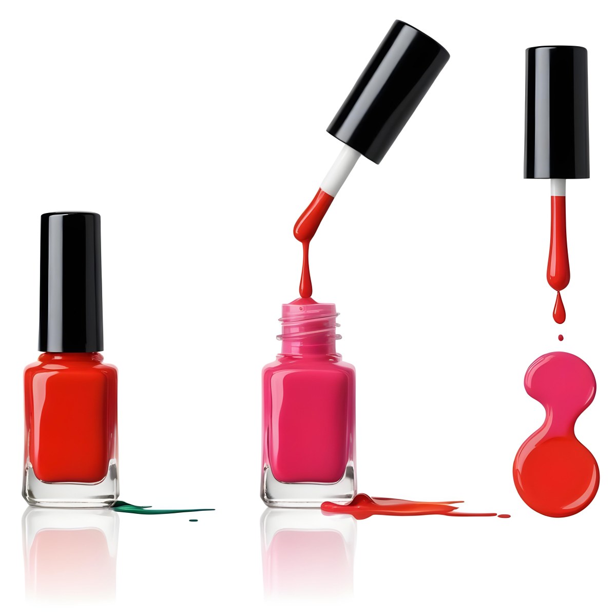 Digital Painting Redbluegreenyelloworangepink Nail Polish Bottle With White Cap Brush With A Drop Of Nail Polish And A Puddle Of Nail Polish On A Black Background Bold And Slim Lines Brush Strokes 7 Ec47