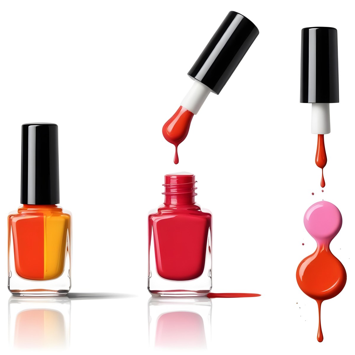 Digital Painting Redbluegreenyelloworangepink Nail Polish Bottle With White Cap Brush With A Drop Of Nail Polish And A Puddle Of Nail Polish On A Black Background Bold And Slim Lines Brush Strokes 9 0fdc
