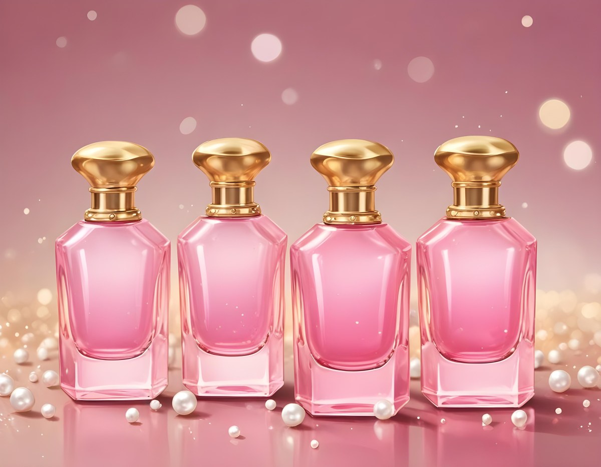 Digital Painting Three Pink Perfume Bottles With Golden Caps And Pearls On A Golden Background With Bokeh Effect Luxury Product Elegant Design Bold And Slim Lines Brush Strokes 50 39ec