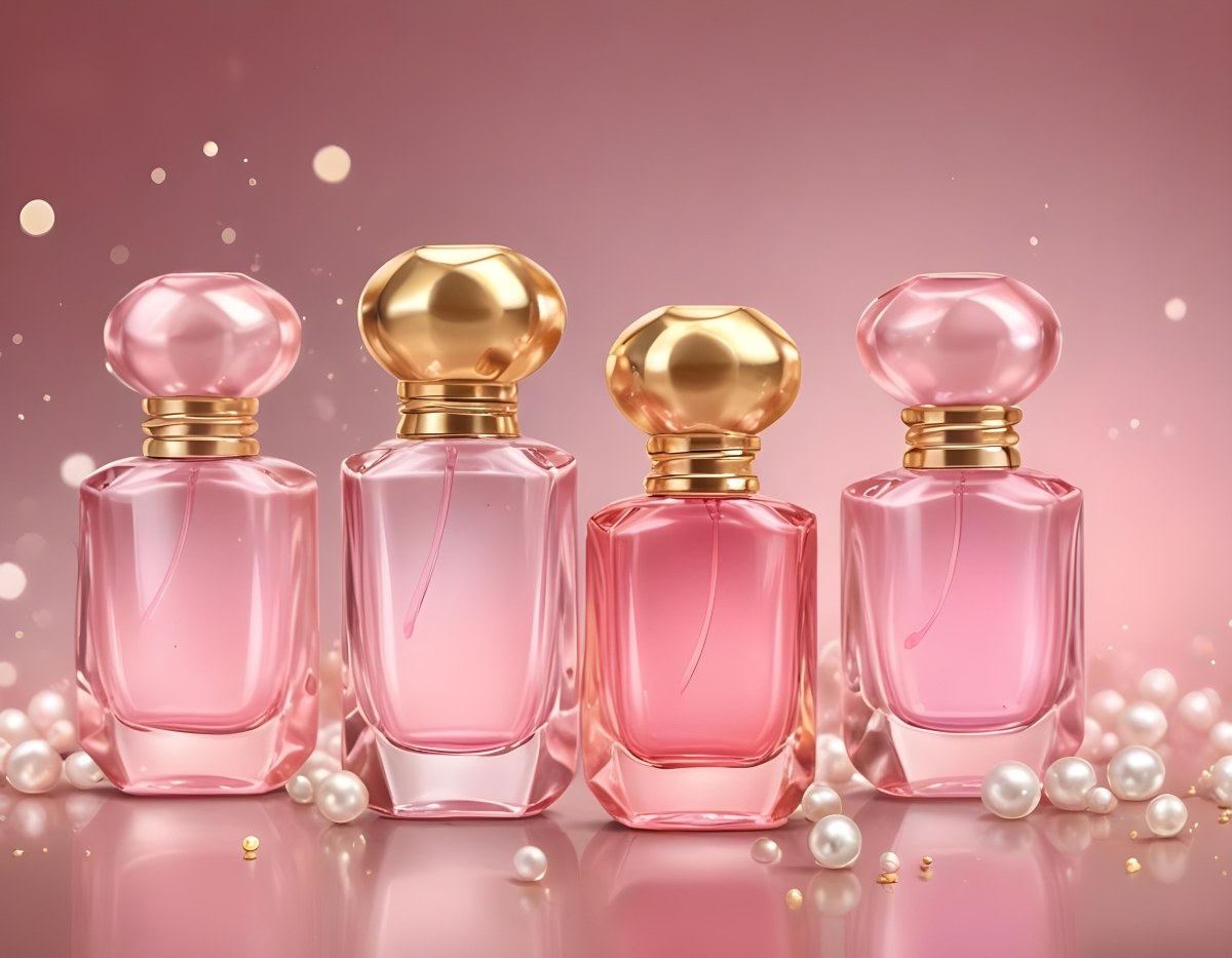 Digital Painting Three Pink Perfume Bottles With Golden Caps And Pearls On A Golden Background With Bokeh Effect Luxury Product Elegant Design Bold And Slim Lines Brush Strokes 55 A2cf