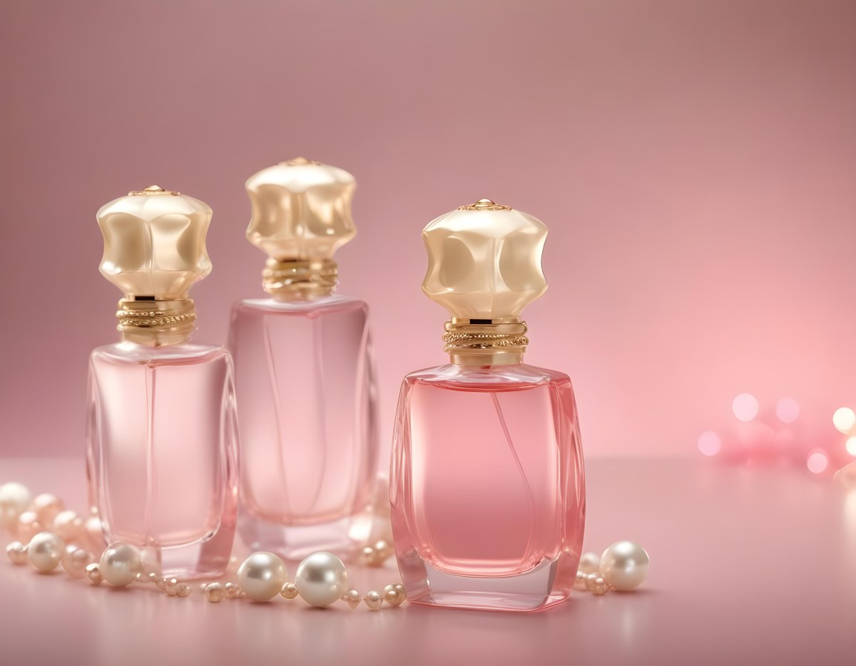 Digital Painting Three Pink Perfume Bottles With Golden Caps And Pearls On A Golden Background With Bokeh Effect Luxury Product Elegant Design Bold And Slim Lines Brush Strokes 6 9aa1