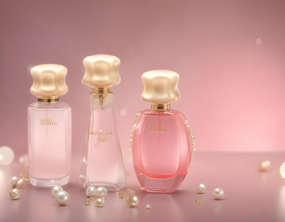 Digital Painting Three Pink Perfume Bottles With Golden Caps And Pearls On A Golden Background With Bokeh Effect Luxury Product Elegant Design Bold And Slim Lines Brush Strokes 7 Df22