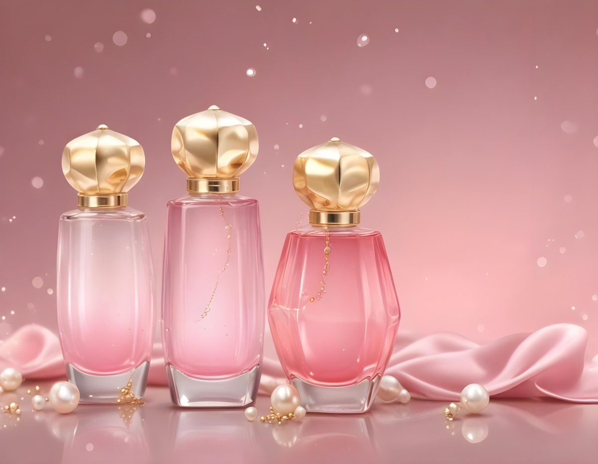 Digital Painting Three Pink Perfume Bottles With Golden Caps And Pearls On A Golden Background With Bokeh Effect Luxury Product Elegant Design Bold And Slim Lines Brush Strokes 70 627c