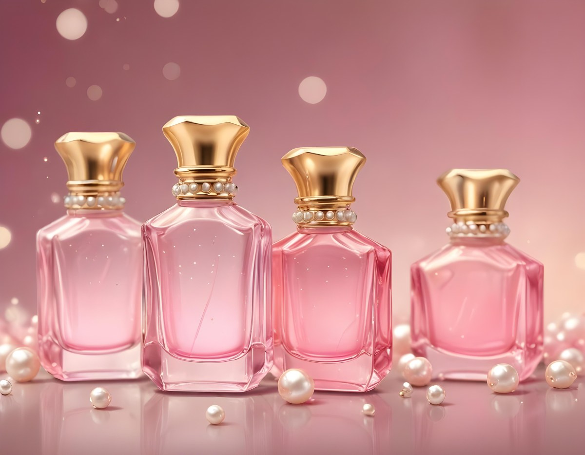Digital Painting Three Pink Perfume Bottles With Golden Caps And Pearls On A Golden Background With Bokeh Effect Luxury Product Elegant Design Bold And Slim Lines Brush Strokes 72 730b