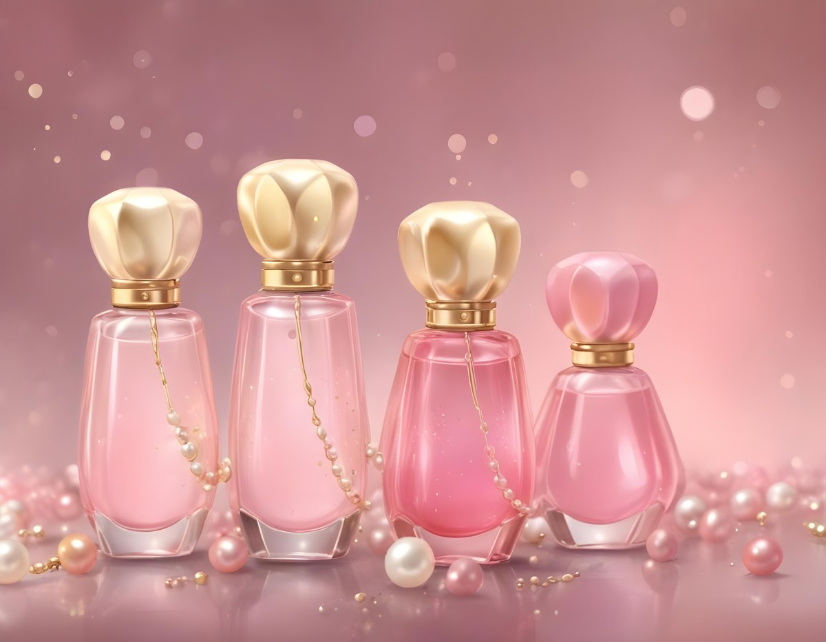 Digital Painting Three Pink Perfume Bottles With Golden Caps And Pearls On A Golden Background With Bokeh Effect Luxury Product Elegant Design Bold And Slim Lines Brush Strokes 74 Cd43