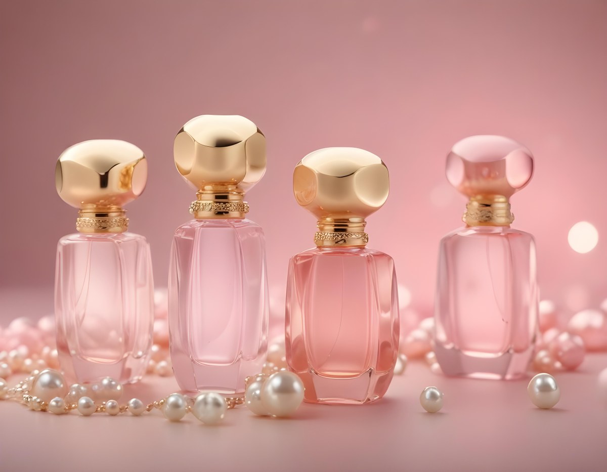 Digital Painting Three Pink Perfume Bottles With Golden Caps And Pearls On A Golden Background With Bokeh Effect Luxury Product Elegant Design Bold And Slim Lines Brush Strokes 75 6210