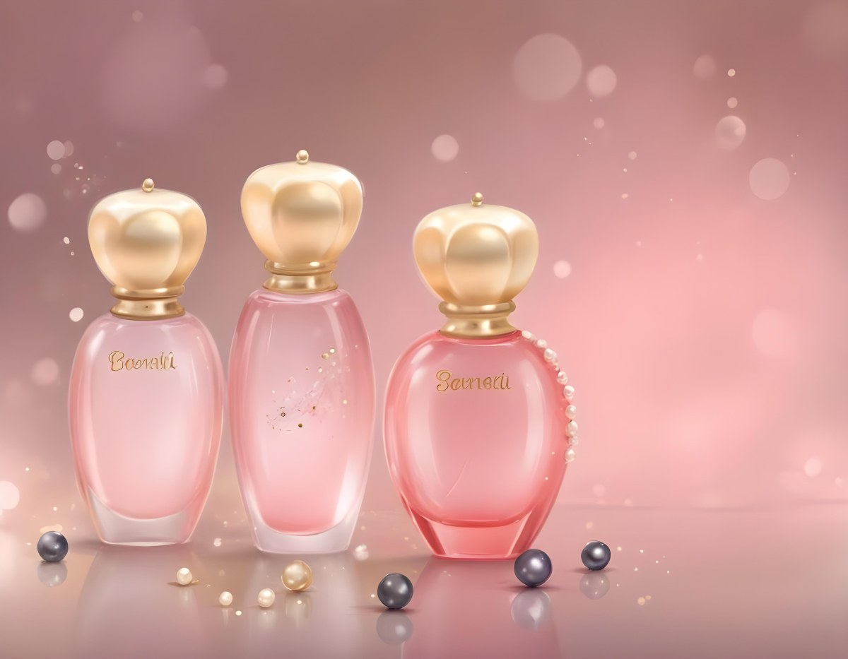 Digital Painting Three Pink Perfume Bottles With Golden Caps And Pearls On A Golden Background With Bokeh Effect Luxury Product Elegant Design Bold And Slim Lines Brush Strokes 76 2850