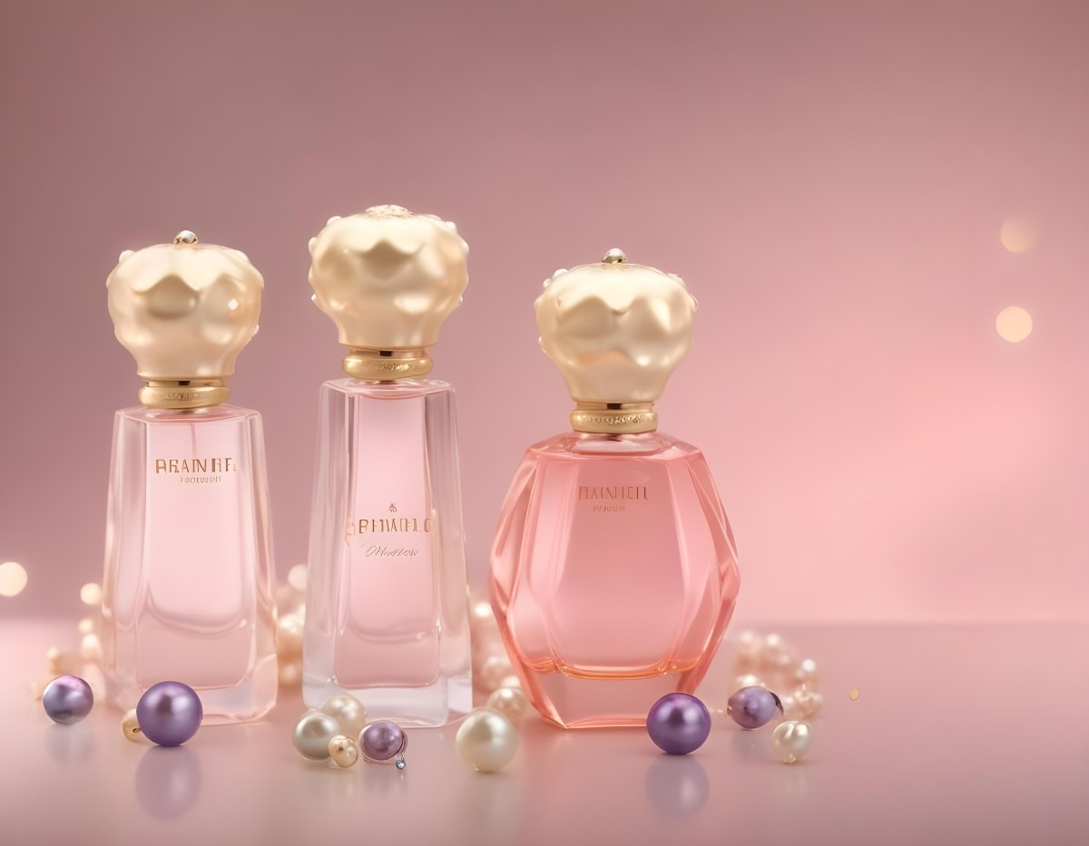 Digital Painting Three Pink Perfume Bottles With Golden Caps And Pearls On A Golden Background With Bokeh Effect Luxury Product Elegant Design Bold And Slim Lines Brush Strokes 77 Dc87