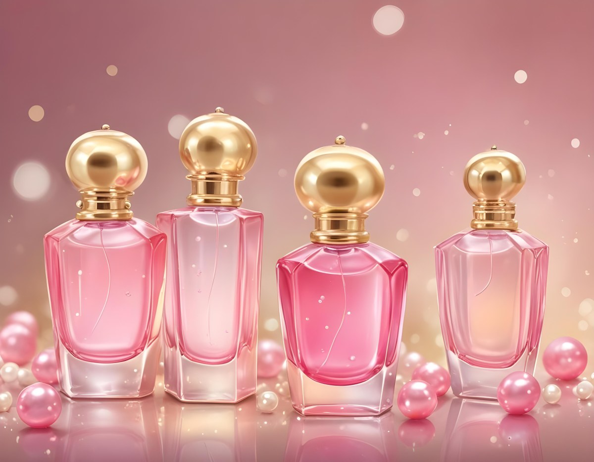Digital Painting Three Pink Perfume Bottles With Golden Caps And Pearls On A Golden Background With Bokeh Effect Luxury Product Elegant Design Bold And Slim Lines Brush Strokes 78 B09a