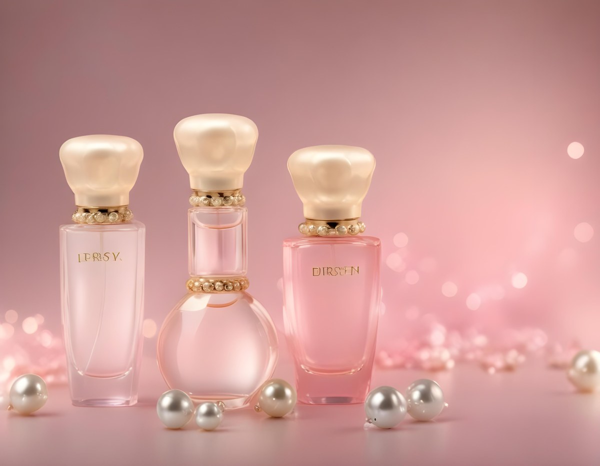 Digital Painting Three Pink Perfume Bottles With Golden Caps And Pearls On A Golden Background With Bokeh Effect Luxury Product Elegant Design Bold And Slim Lines Brush Strokes 8 2e41