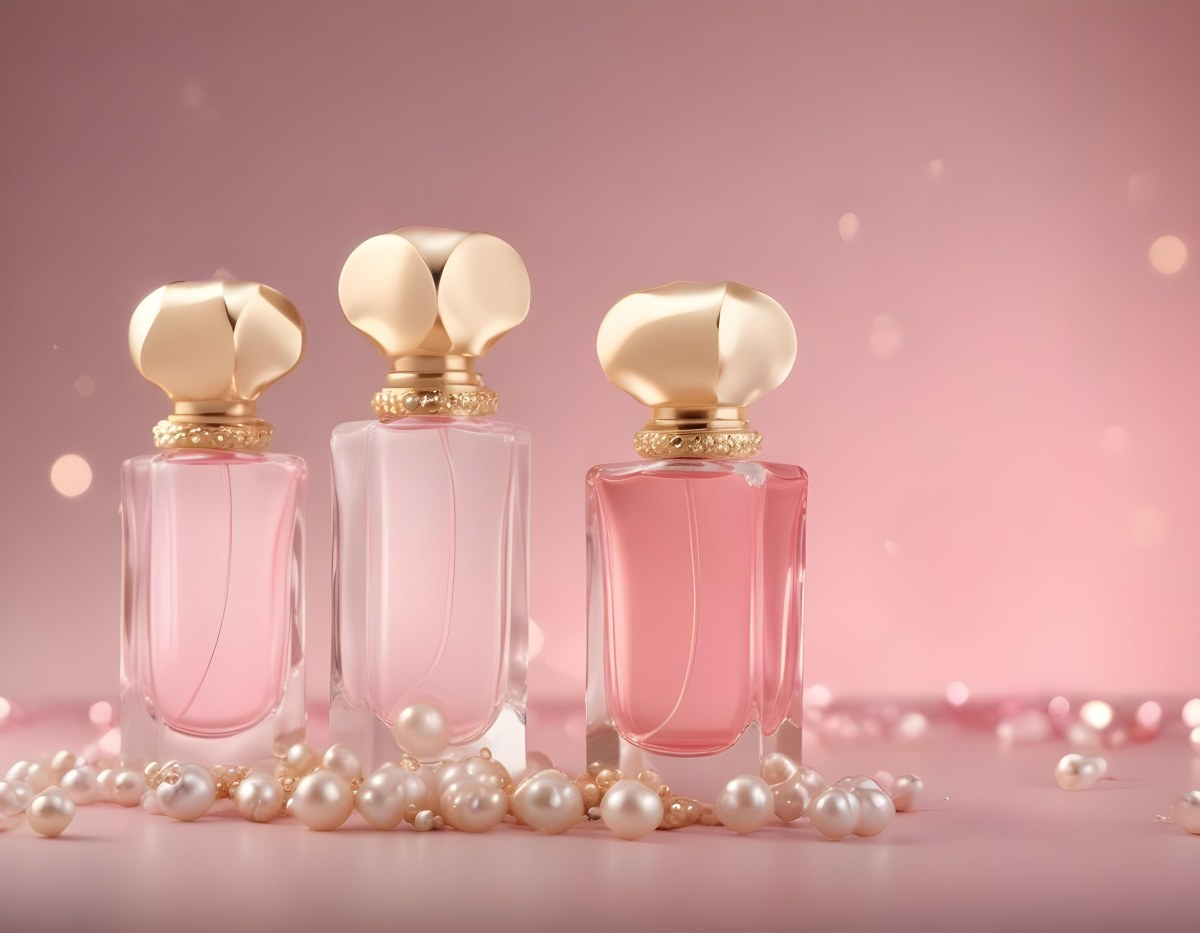 Digital Painting Three Pink Perfume Bottles With Golden Caps And Pearls On A Golden Background With Bokeh Effect Luxury Product Elegant Design Bold And Slim Lines Brush Strokes 9 58fb