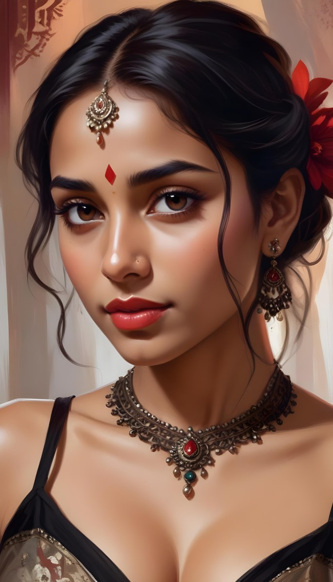 Digital Painting Young South Asian Woman With Medium Brown Skin And Long Dark Wavy Hair Adorned With A Red Flower She Has Large Expressive Brown Eyes And Is Wearing Traditional Jewelry Including A Necklace And Earr 21 224d