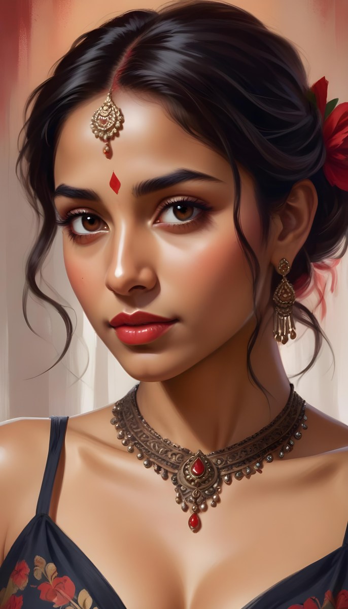 Digital Painting Young South Asian Woman With Medium Brown Skin And Long Dark Wavy Hair Adorned With A Red Flower She Has Large Expressive Brown Eyes And Is Wearing Traditional Jewelry Including A Necklace And Earr 25 Ea6e