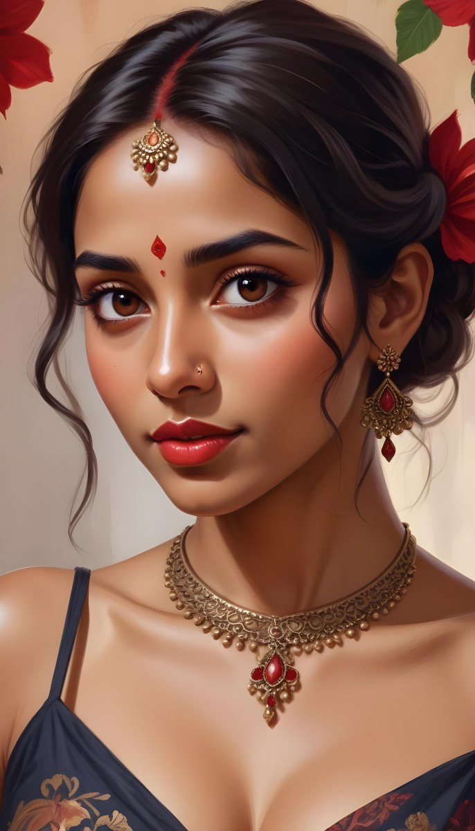 Digital Painting Young South Asian Woman With Medium Brown Skin And Long Dark Wavy Hair Adorned With A Red Flower She Has Large Expressive Brown Eyes And Is Wearing Traditional Jewelry Including A Necklace And Earr 27 2564