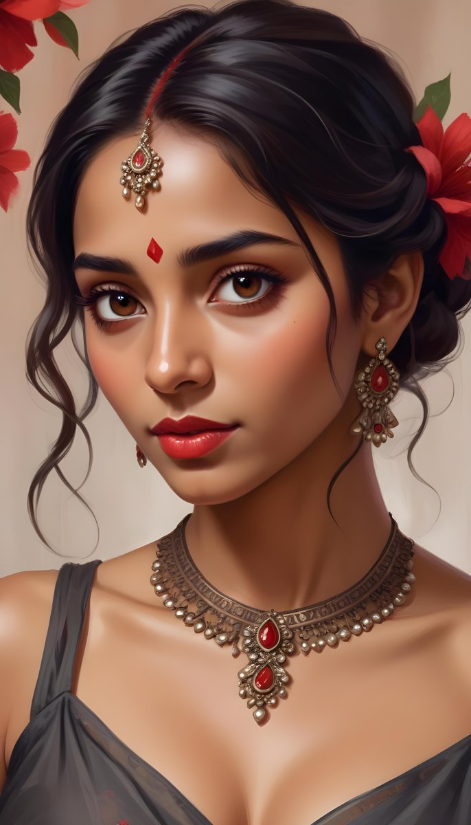 Digital Painting Young South Asian Woman With Medium Brown Skin And Long Dark Wavy Hair Adorned With A Red Flower She Has Large Expressive Brown Eyes And Is Wearing Traditional Jewelry Including A Necklace And Earr 33 D68f