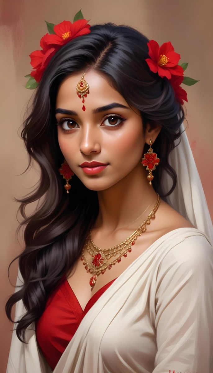 Digital Painting Young South Asian Woman With Medium Brown Skin And Long Dark Wavy Hair Adorned With A Red Flower She Has Large Expressive Brown Eyes And Is Wearing Traditional Jewelry Including A Necklace And Earr 39 6f6c