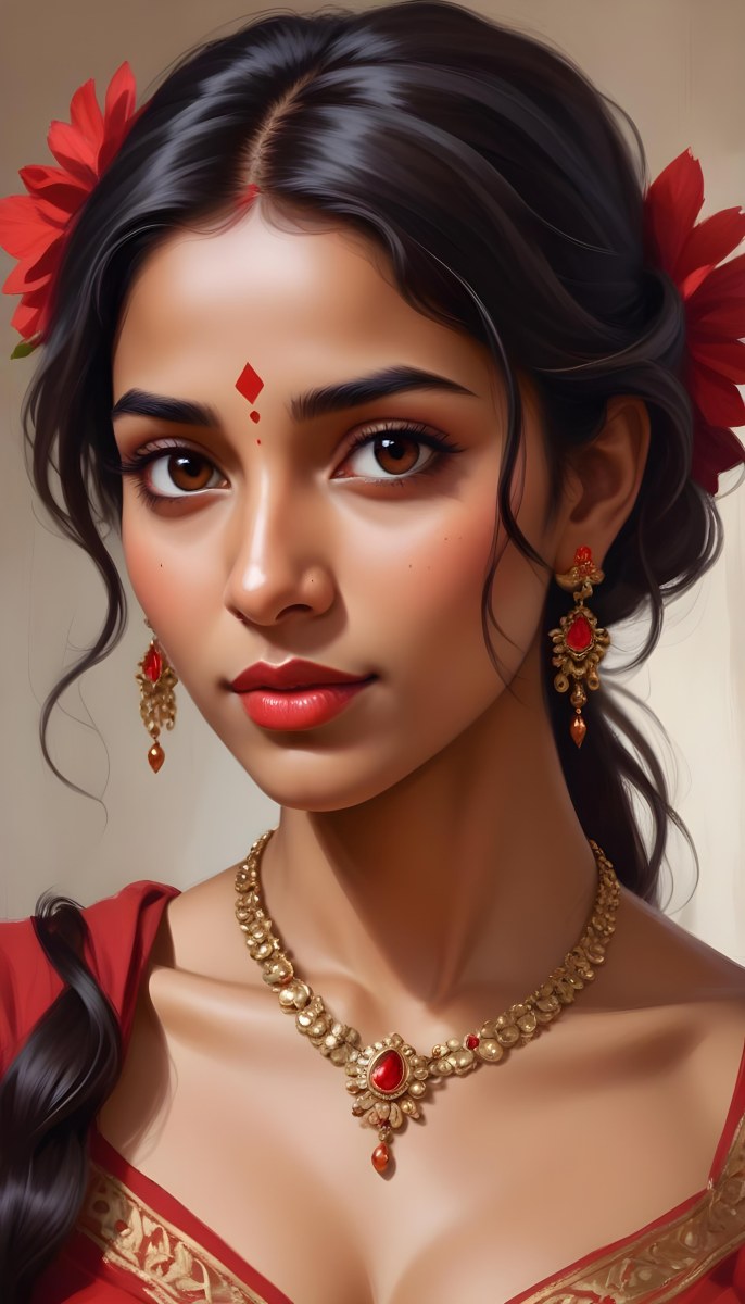 Digital Painting Young South Asian Woman With Medium Brown Skin And Long Dark Wavy Hair Adorned With A Red Flower She Has Large Expressive Brown Eyes And Is Wearing Traditional Jewelry Including A Necklace And Earr 48 D31c
