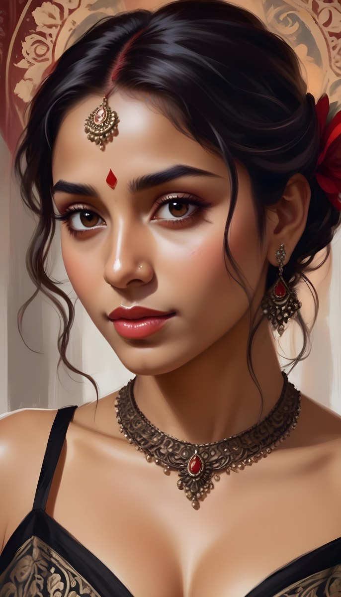 Digital Painting Young South Asian Woman With Medium Brown Skin And Long Dark Wavy Hair Adorned With A Red Flower She Has Large Expressive Brown Eyes And Is Wearing Traditional Jewelry Including A Necklace And Earr 5 D75f