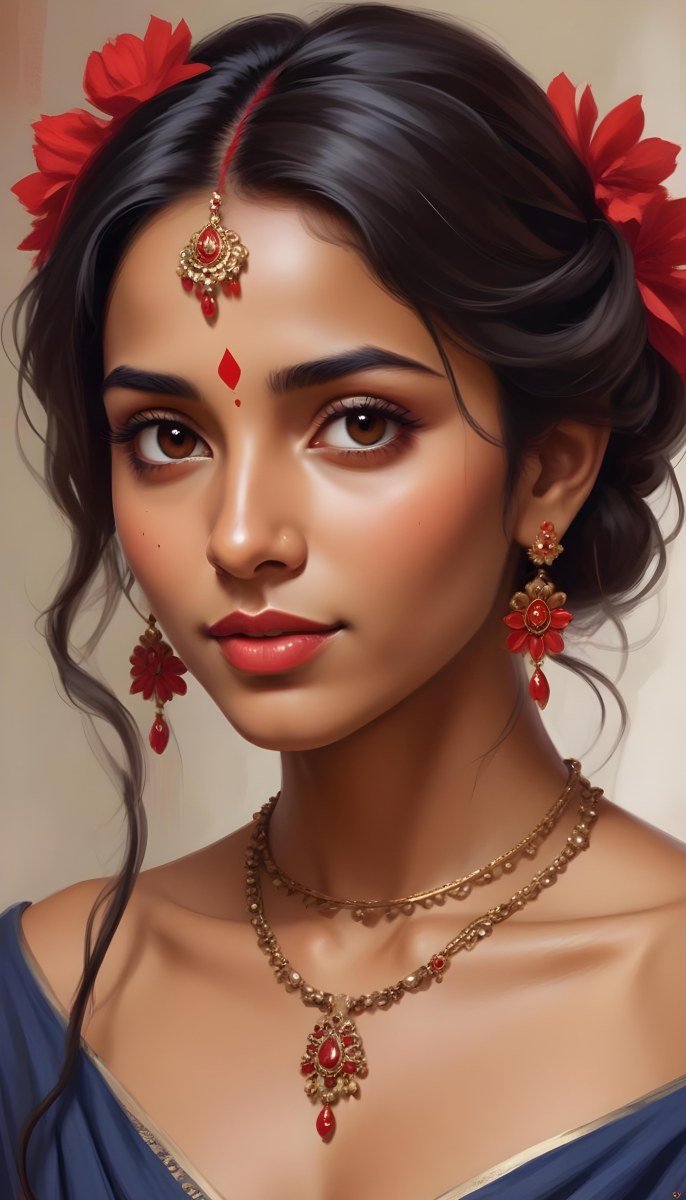 Digital Painting Young South Asian Woman With Medium Brown Skin And Long Dark Wavy Hair Adorned With A Red Flower She Has Large Expressive Brown Eyes And Is Wearing Traditional Jewelry Including A Necklace And Earr 51 4ced