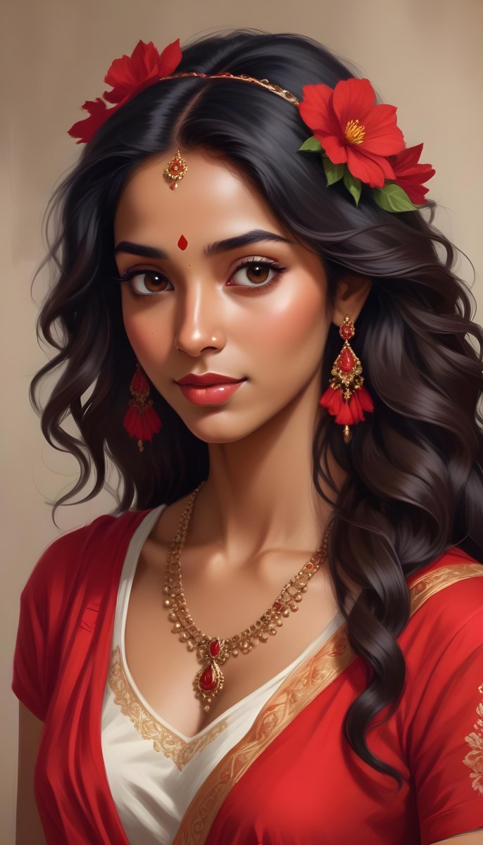 Digital Painting Young South Asian Woman With Medium Brown Skin And Long Dark Wavy Hair Adorned With A Red Flower She Has Large Expressive Brown Eyes And Is Wearing Traditional Jewelry Including A Necklace And Earr 52 D232