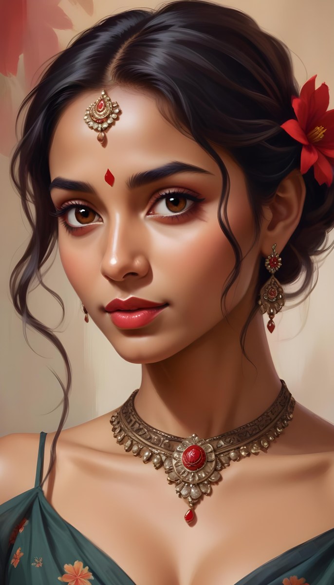 Digital Painting Young South Asian Woman With Medium Brown Skin And Long Dark Wavy Hair Adorned With A Red Flower She Has Large Expressive Brown Eyes And Is Wearing Traditional Jewelry Including A Necklace And Earr 53 B65d