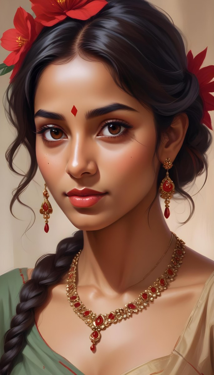 Digital Painting Young South Asian Woman With Medium Brown Skin And Long Dark Wavy Hair Adorned With A Red Flower She Has Large Expressive Brown Eyes And Is Wearing Traditional Jewelry Including A Necklace And Earr 55 51f2