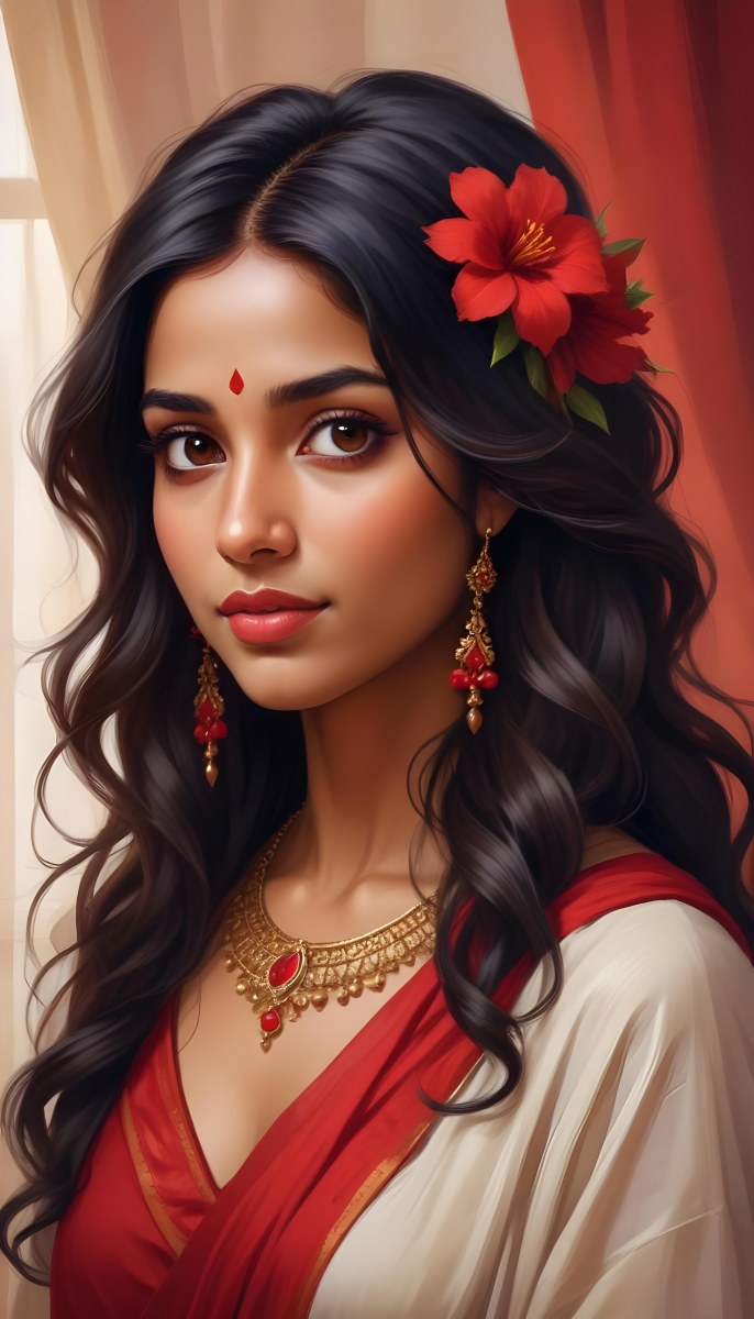 Digital Painting Young South Asian Woman With Medium Brown Skin And Long Dark Wavy Hair Adorned With A Red Flower She Has Large Expressive Brown Eyes And Is Wearing Traditional Jewelry Including A Necklace And Earr 56 F41f